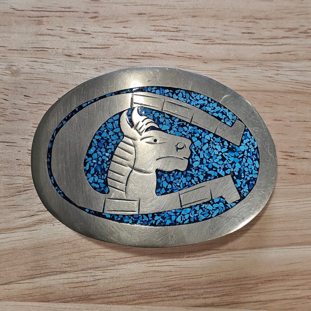 Vintage Alpaca Silver & Turquoise Composite Engraved Horse Horseshoe Belt Buckle